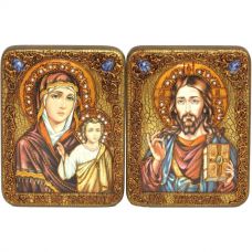 Венчальная пара подарочных икон "Казанская икона Божией Матери" и "Господь Вседержитель" 2 на мореном дубе