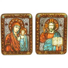 Венчальная пара подарочных икон "Казанская икона Божией Матери" и "Господь Вседержитель" 4 на мореном дубе