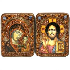 Венчальная пара подарочных икон "Казанская икона Божией Матери" и "Господь Вседержитель" 3 на мореном дубе